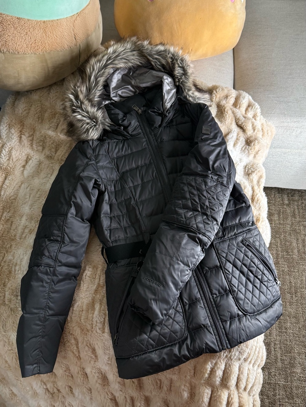 The North Face Women's Black Quilted Puffer Coat with Faux Fur Hood